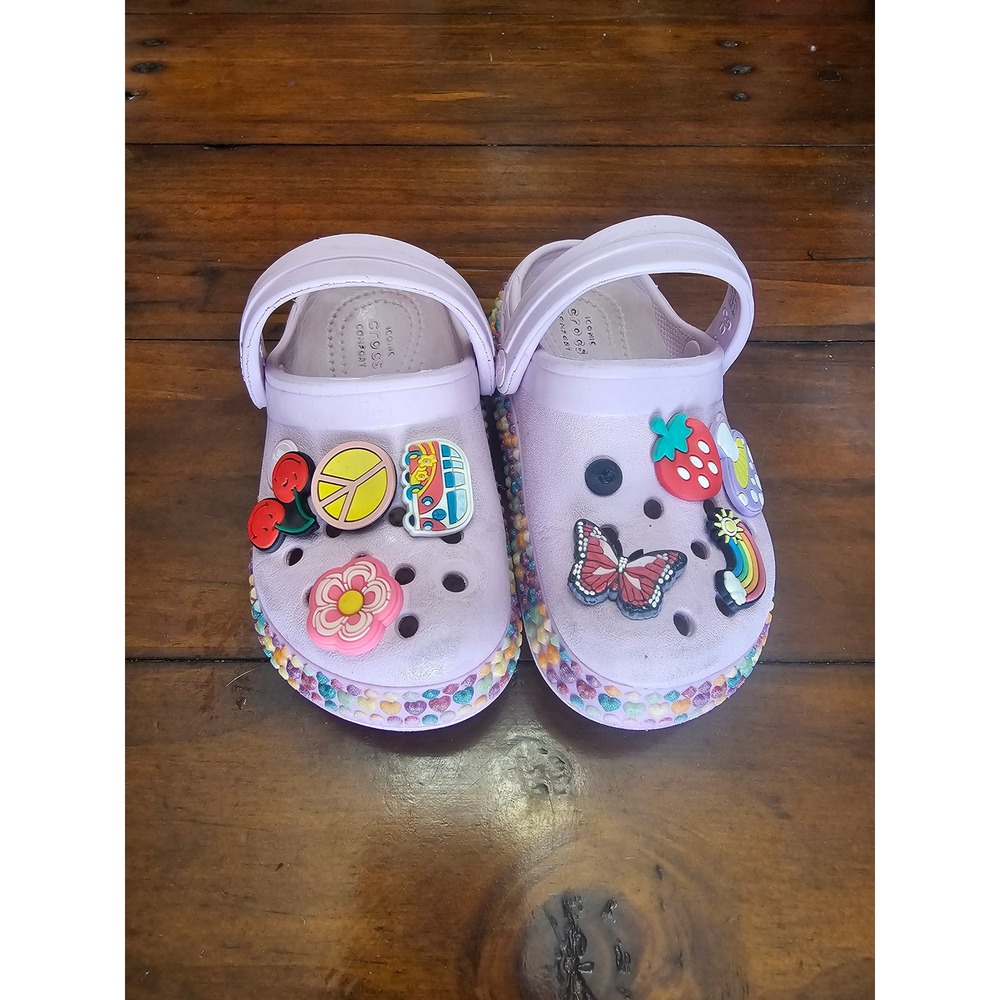 Crocs Lavender Purple Clogs Glitter‎ Hearts Jibbitz Charms Kids Girls Shoes 9 c